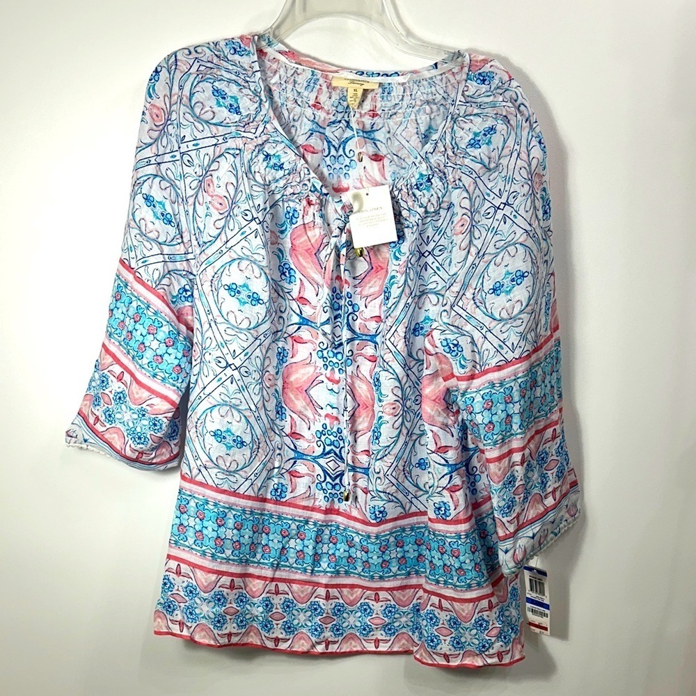 Charter Club Luxury seaside 100% linen strawberry pink and blue top size XL. NWT